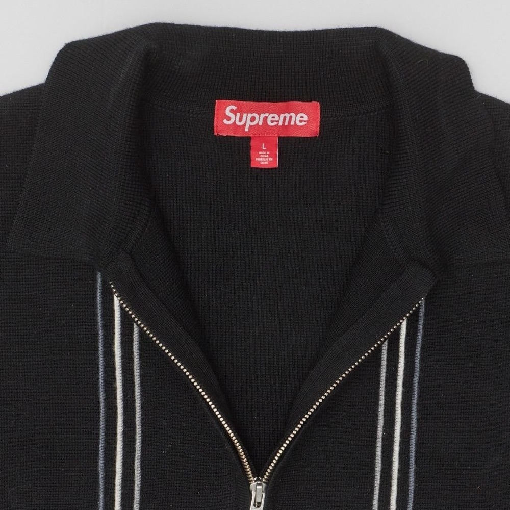Supreme Knit Polo Full Zip Vertical Stripe Black Gray Sweater Size L Large - Picture 2 of 5